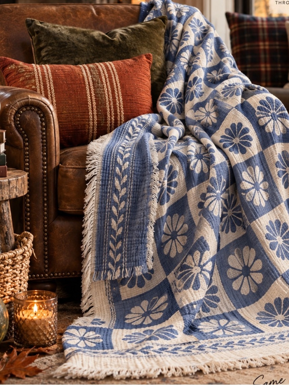 Blue and White Floral Cotton Throw Blanket - Soft Quilted Throw Blanket 55 x 75